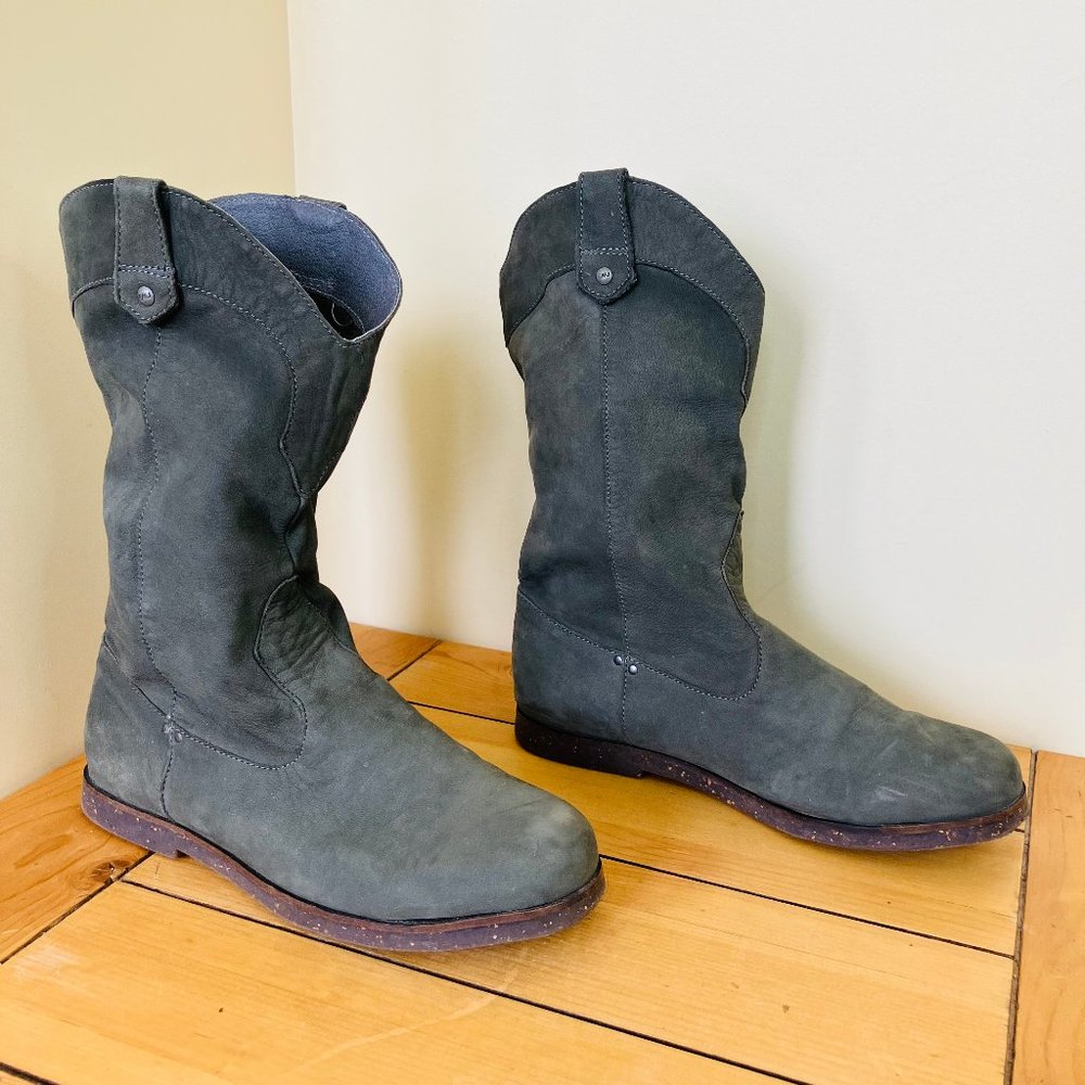 Emu El Rancho Grey/Green Leather Pull On Slouchy Mid Calf Boots Sheepskin Insole